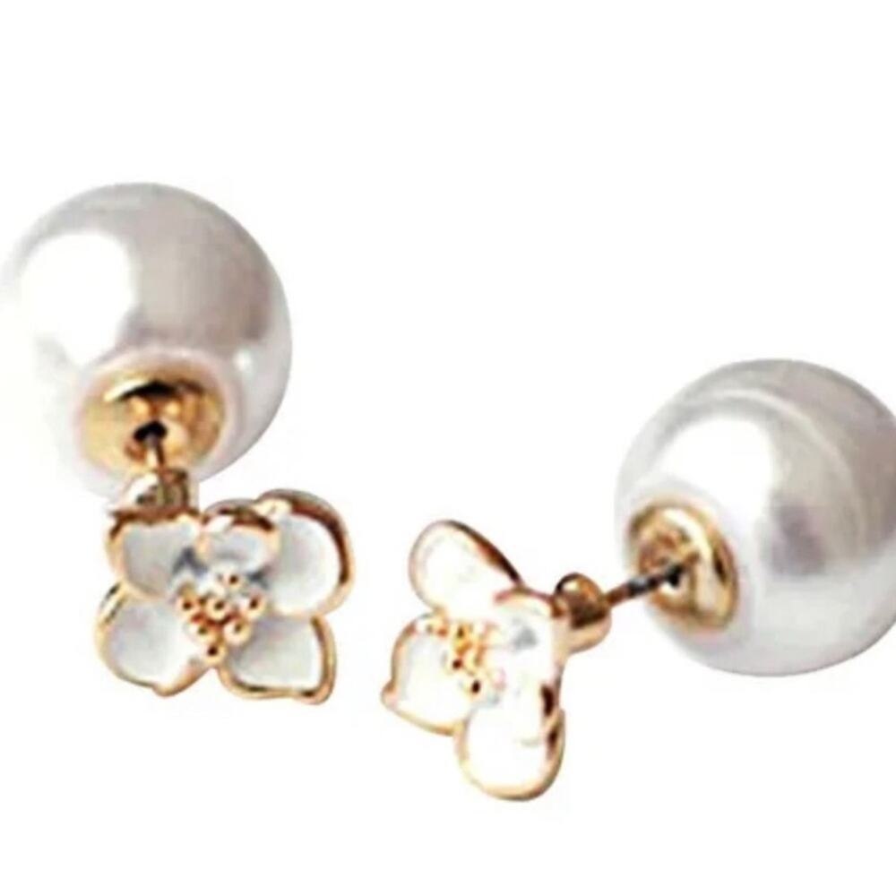 Double Sided Earrings White Enamel and Pearl